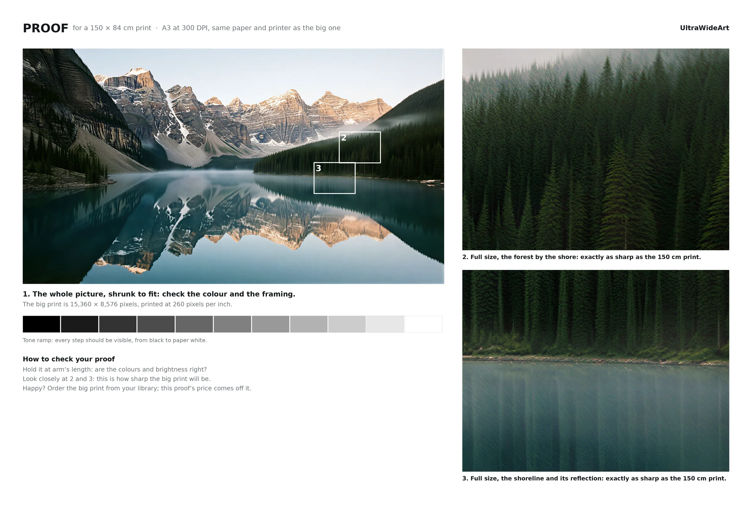 An A3 proof sheet: the whole mountain lake picture, a tone ramp, and two pieces of it at full print size