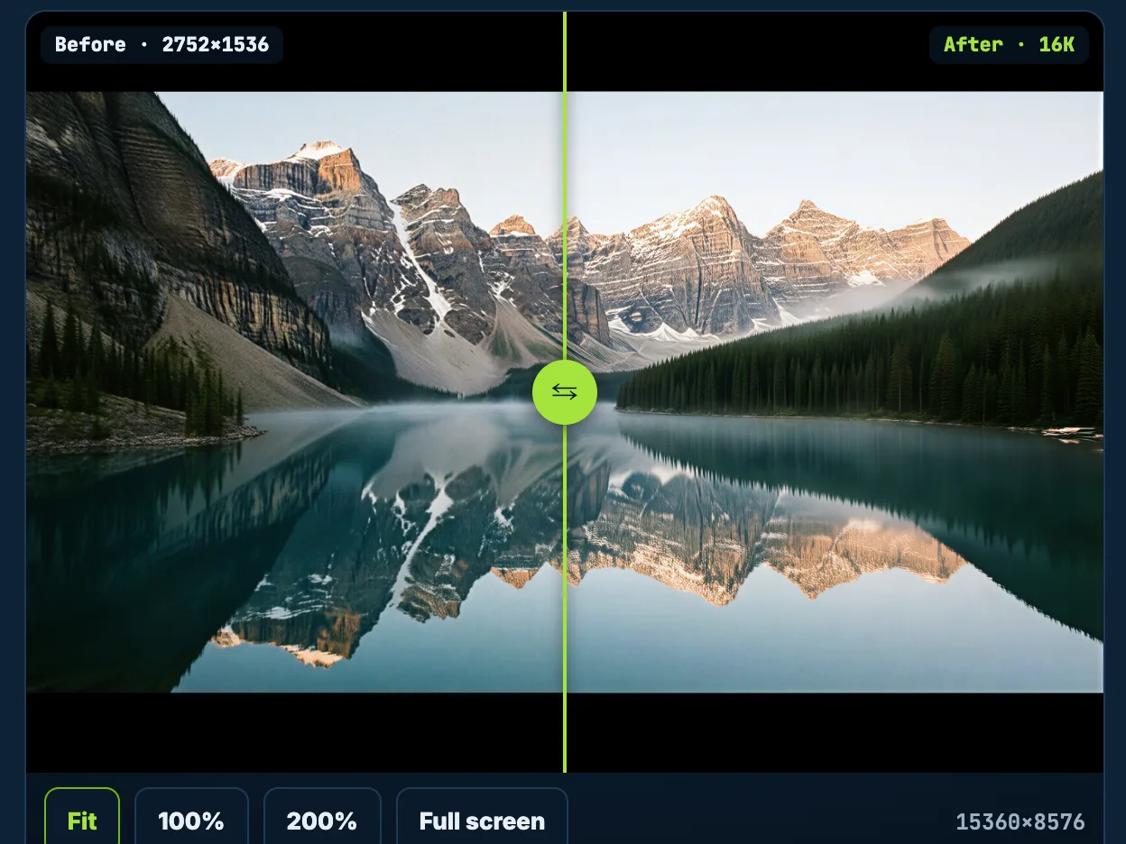Falken comparing the mountain lake before and after its enlargement to 16K, divider in the middle