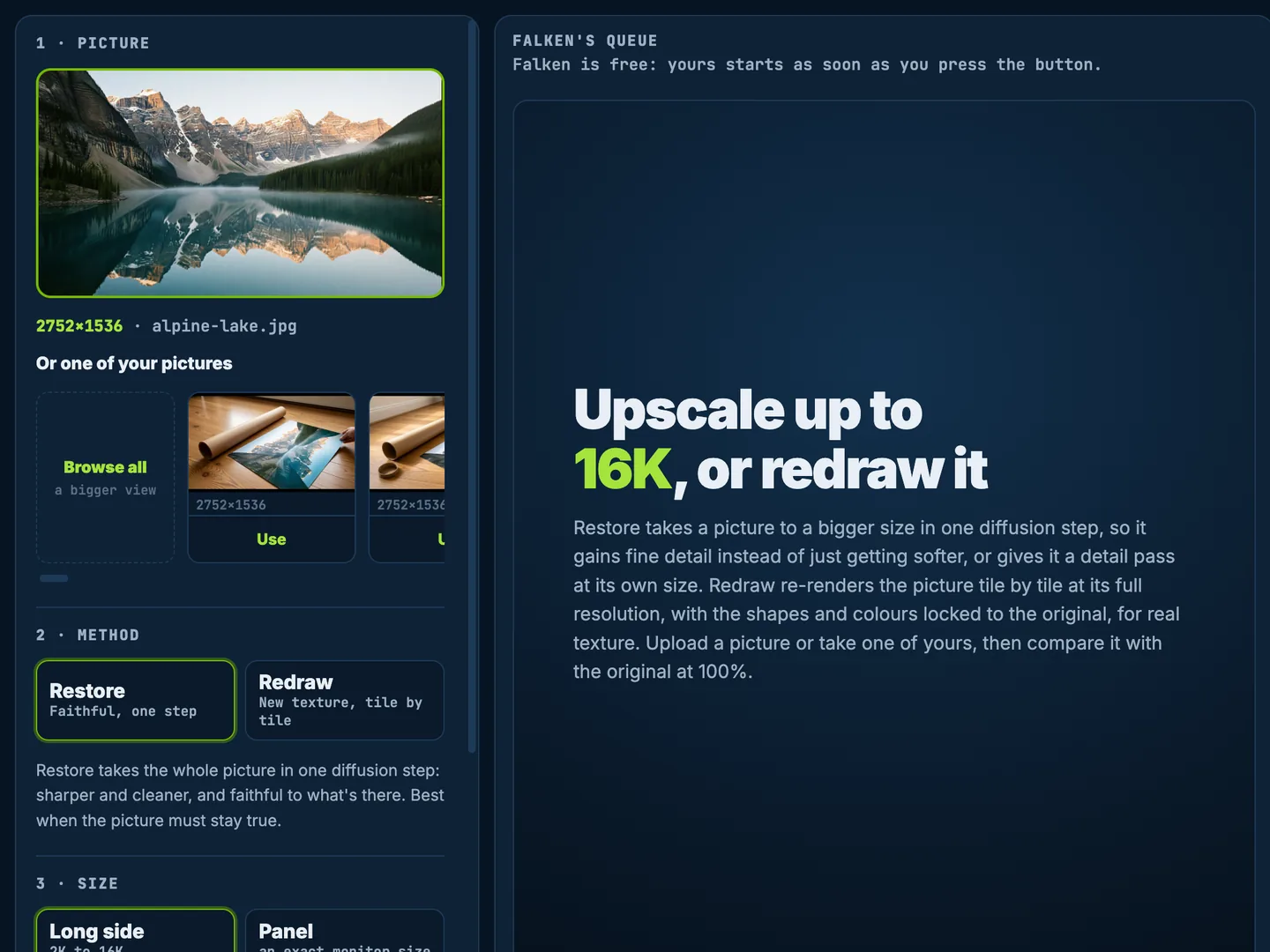 Falken's Upscale page with a photo of a mountain lake uploaded and 16K chosen as the size