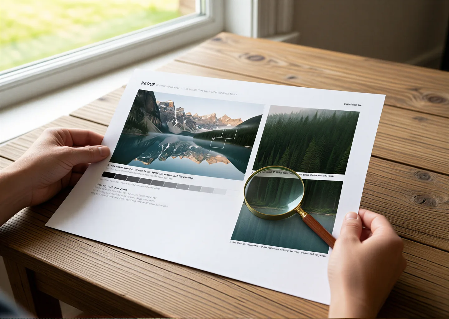 Hands holding the A3 proof sheet by a window, a magnifying glass over one of its full-size pieces