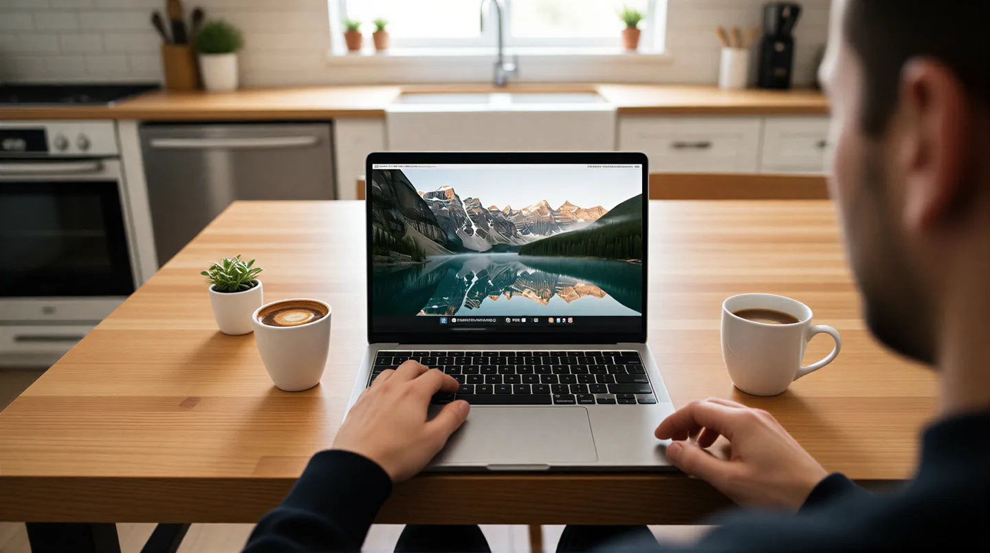 Someone at a kitchen table ordering on a laptop, the mountain lake on its screen