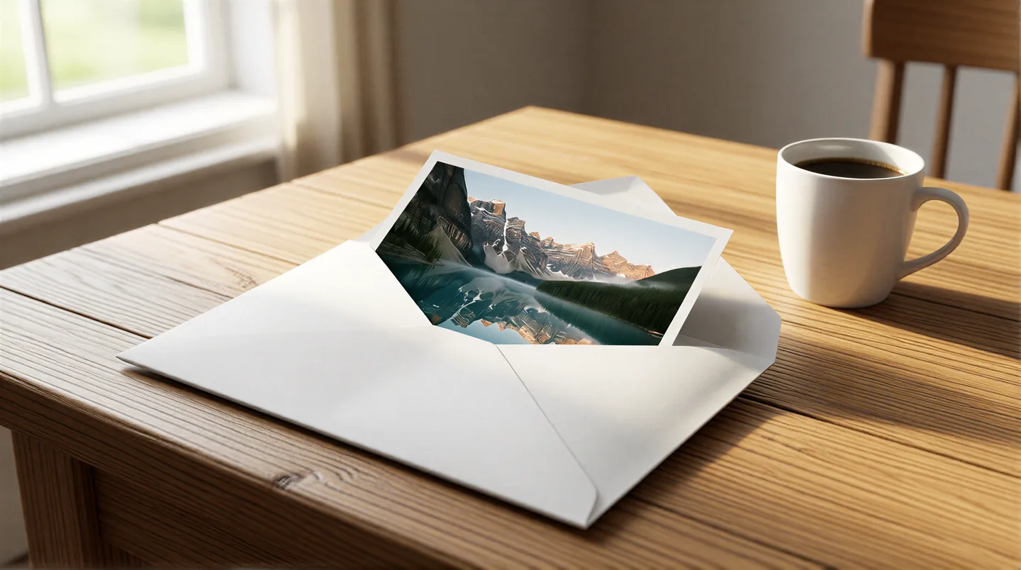 An opened white mailer on a kitchen table with the A3 proof of the mountain lake sliding out