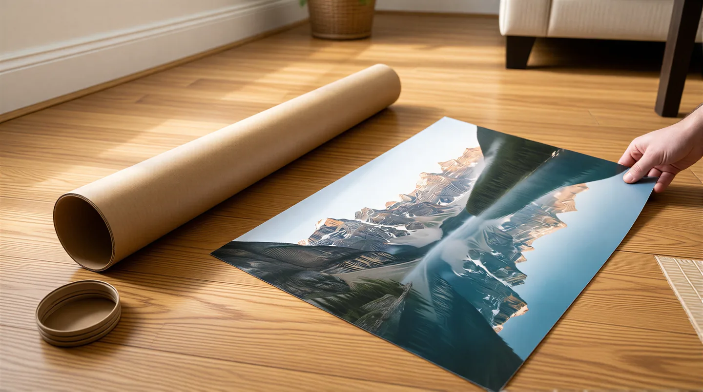 A cardboard print tube on a wooden floor with the big mountain lake print unrolled beside it