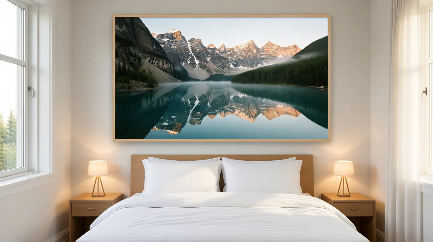 The mountain lake as a large framed print above a bed