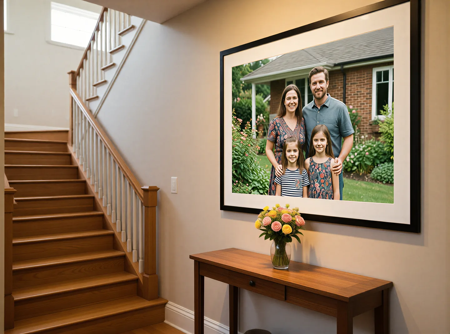 A family photograph as a large framed print beside a staircase