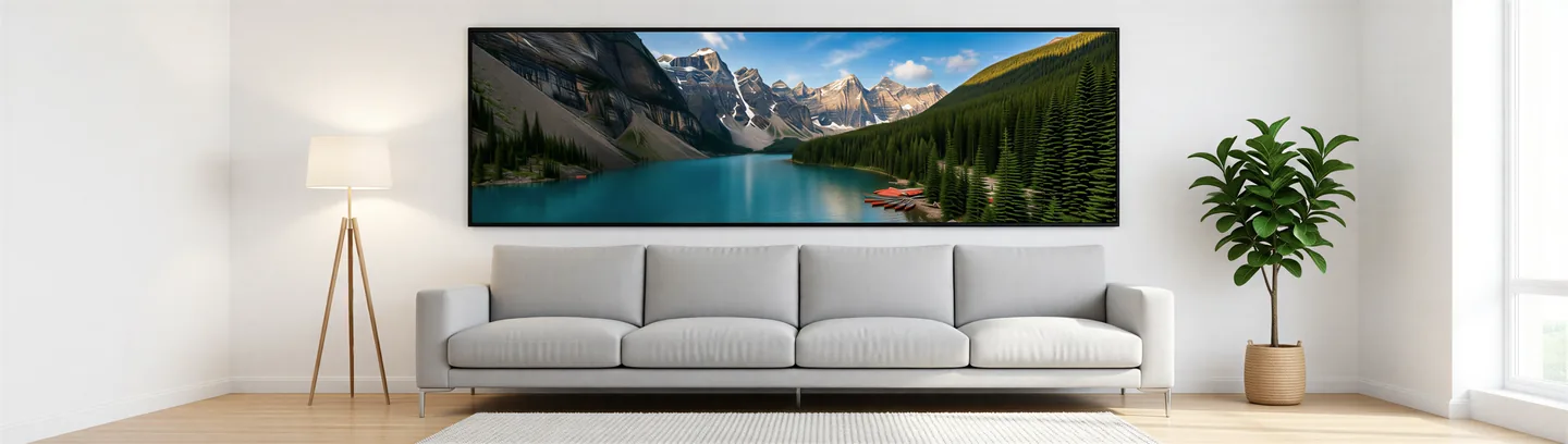A mountain lake panorama as a long framed print above a grey sofa