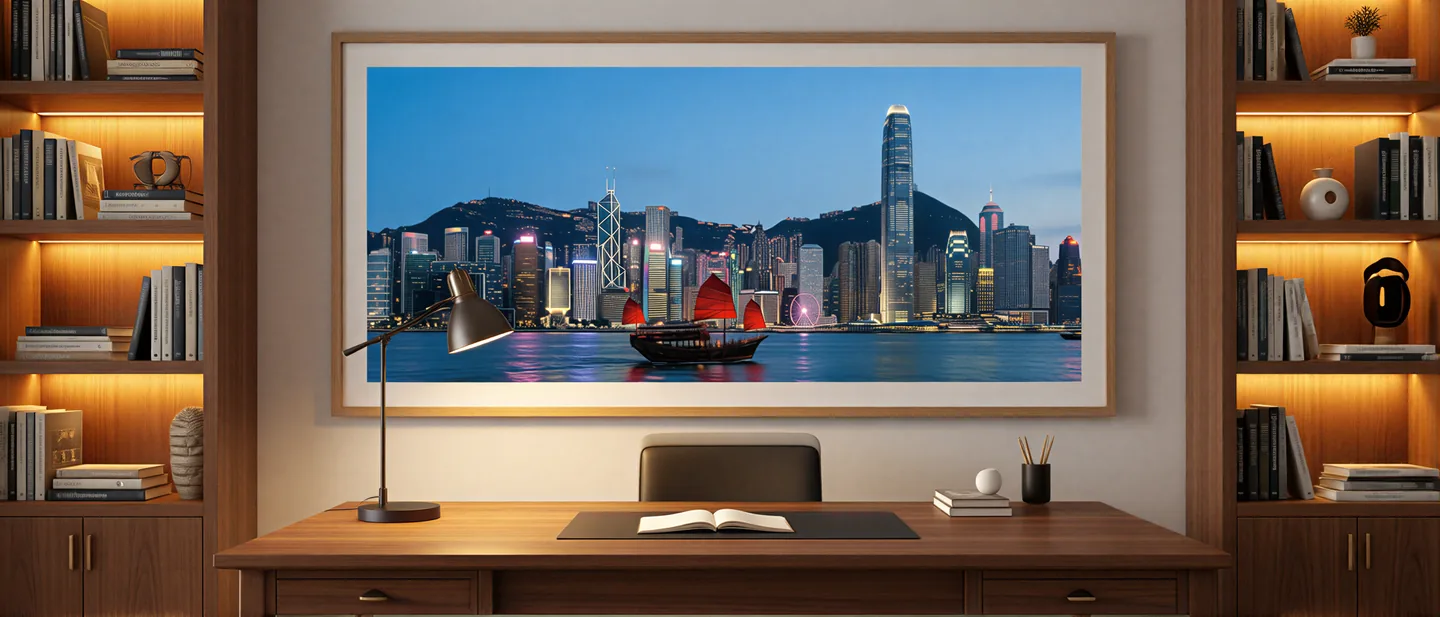 A city skyline at blue hour as a large framed print behind a desk in a study